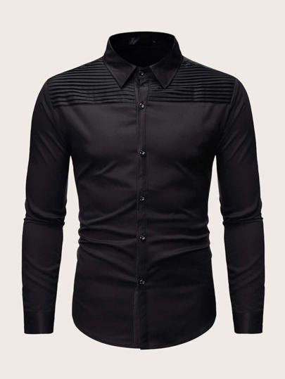 Guys Pleated Decoration Button Up Shirt