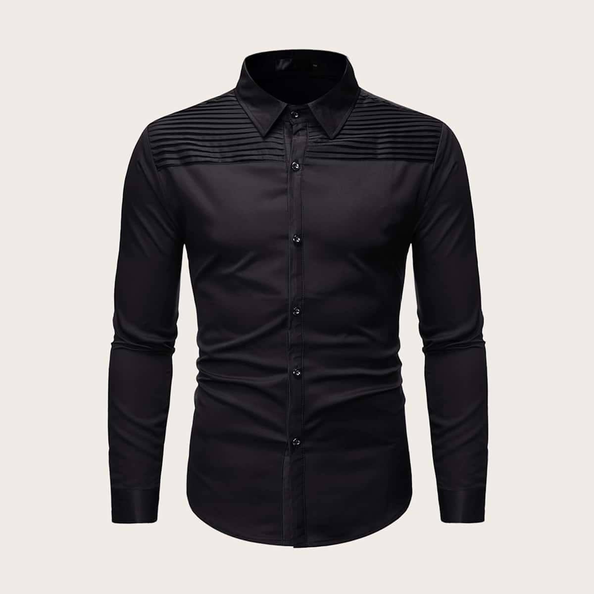 

Guys Pleated Decoration Button Up Shirt, Black