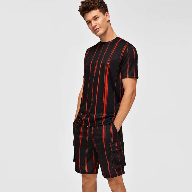 

Guys Brush Stroke Print Tee & Flap Pocket Shorts Set, Black