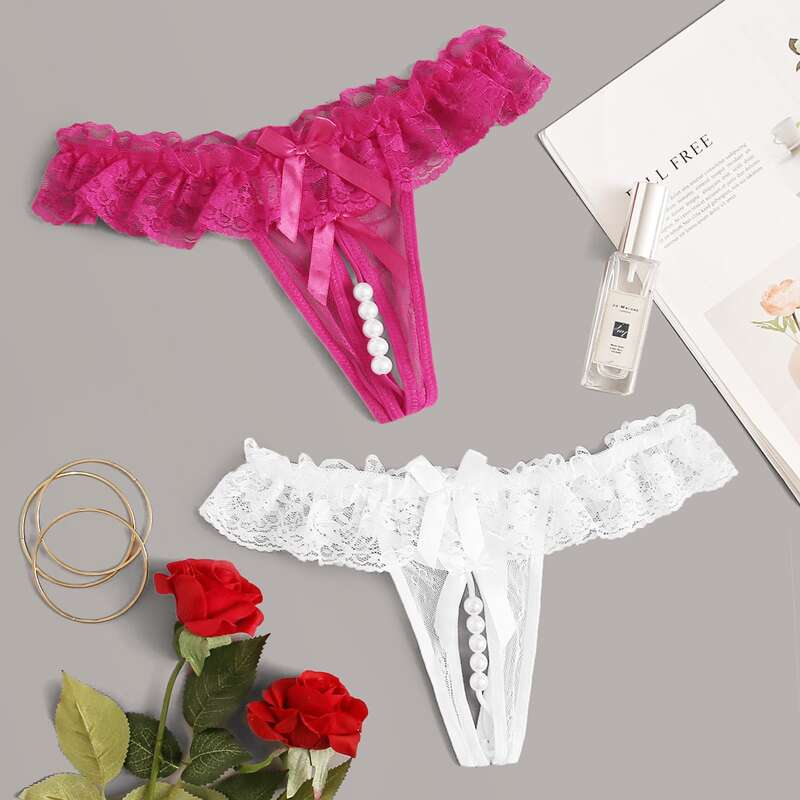 

2pack Faux Pearl Floral Lace Panty Set, Multicolor