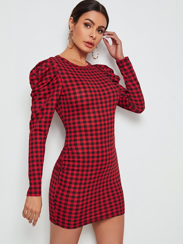 

Gigot Sleeve Gingham Bodycon Dress, Red, Andy