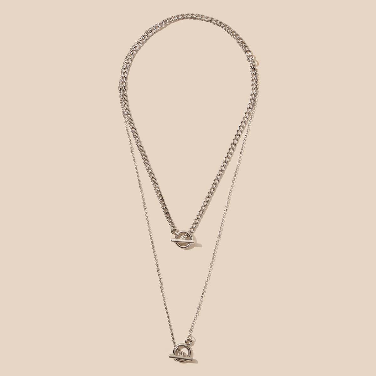 

1pc Geometric Charm Chain Layered Necklace, Silver