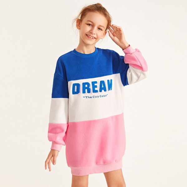 

Girls Embroidered Slogan Color Block Fleece Sweatshirt Dress, Multicolor