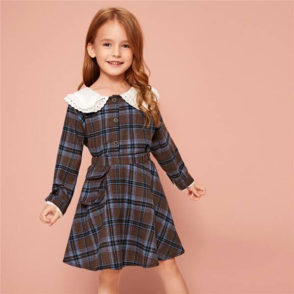 

Toddler Girls Contrast Collar Plaid Blouse With Skirt, Brown