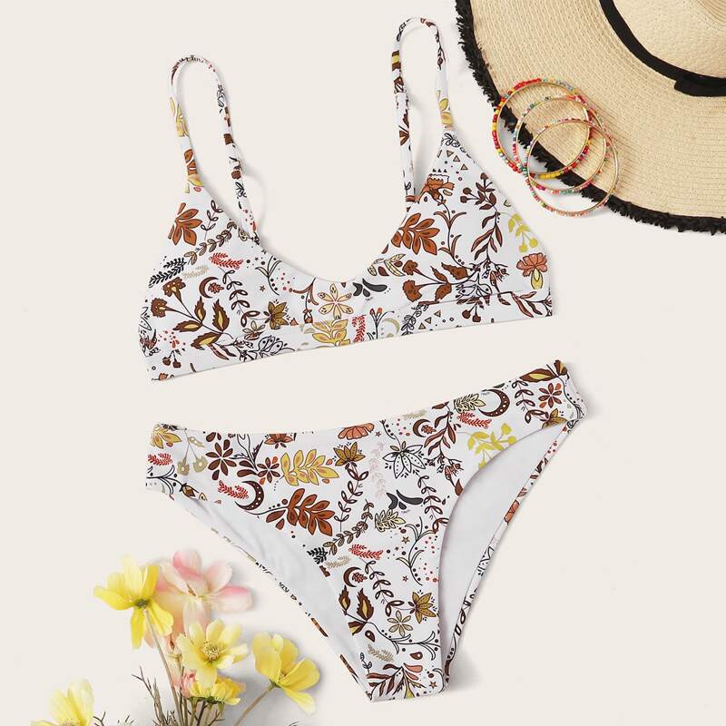 

Allover Plants Print Top With Low Rise Bikini Set, Multicolor