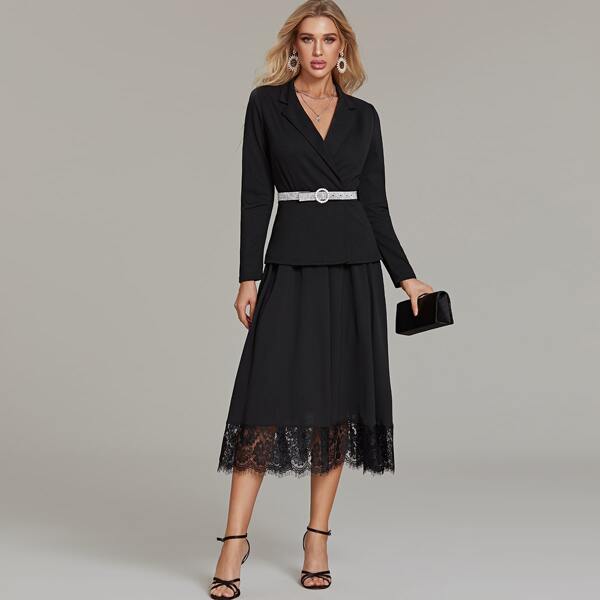 

Notched Collar Eyelash Lace Hem Dress Without Belt, Black