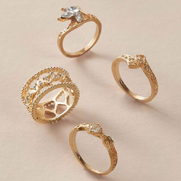 

4pcs Rhinestone Engraved Ring, Gold