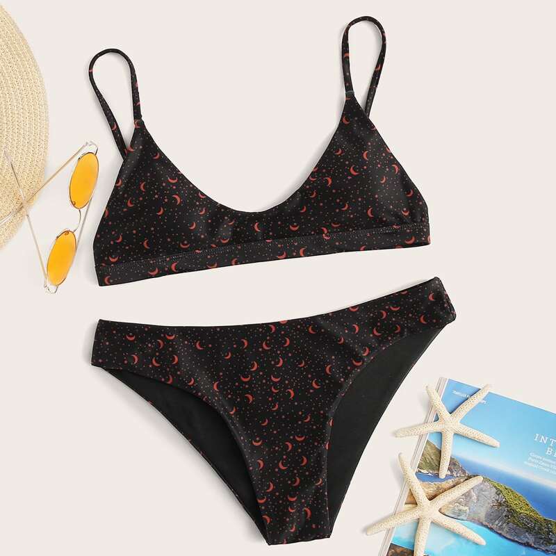 

Star & Moon Print Top With Low Rise Bikini Set, Black