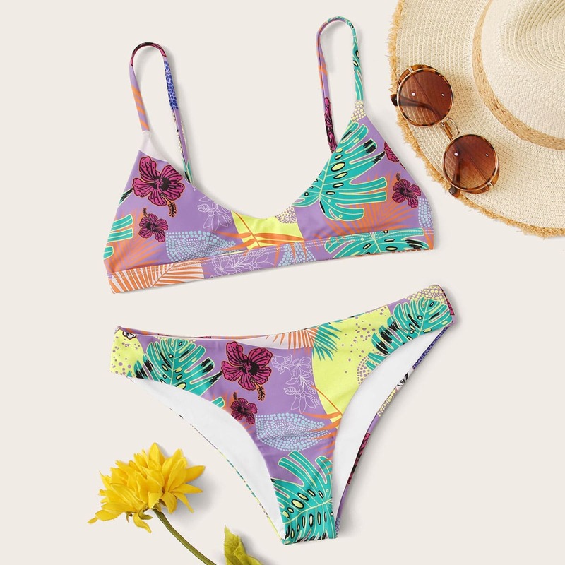 

Tropical Print Top With Low Rise Bikini Set, Multicolor