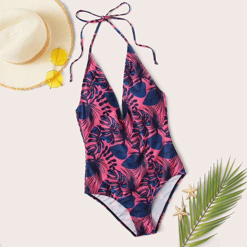 

Allover Leaf Print Halter One Piece Swimsuit, Multicolor