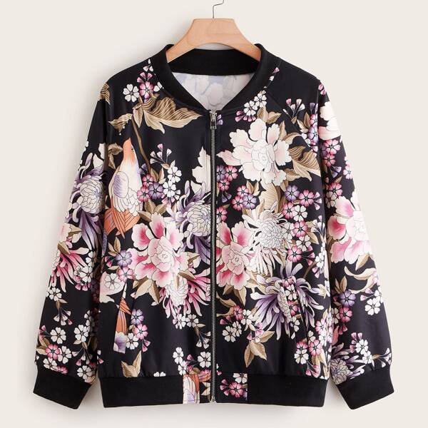 

Plus Allover Floral Print Bomber Jacket, Multicolor