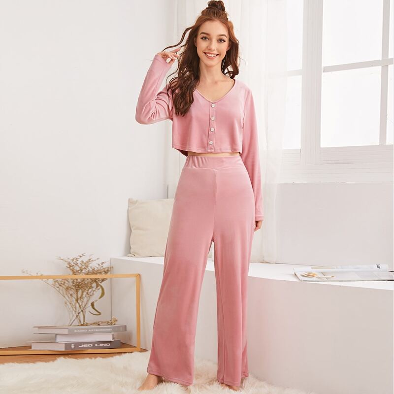 

Button Front Velvet PJ Set, Pink