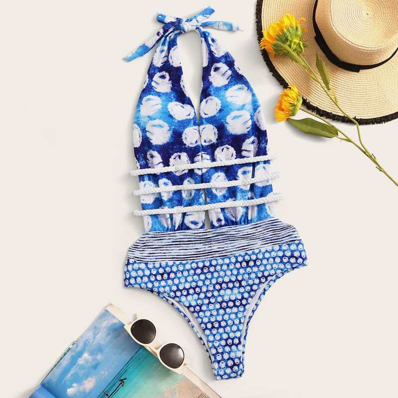 

Allover Print Braided Belt One Piece Swimsuit, Multicolor