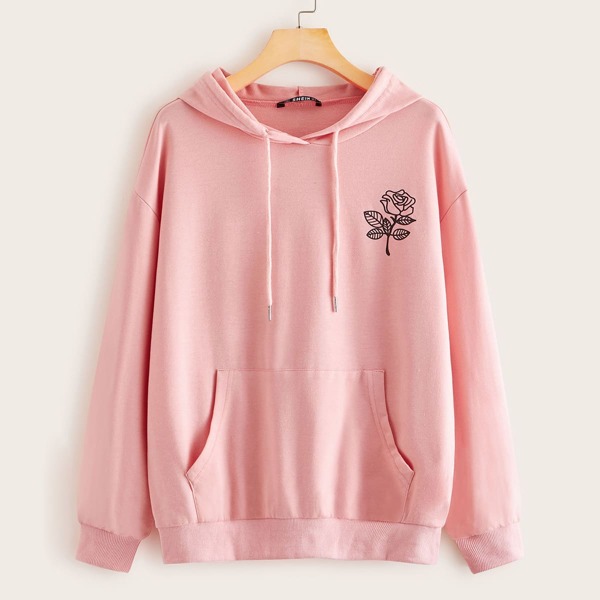 

Drop Shoulder Patch Pocket Floral Print Drawstring Hoodie, Pink pastel