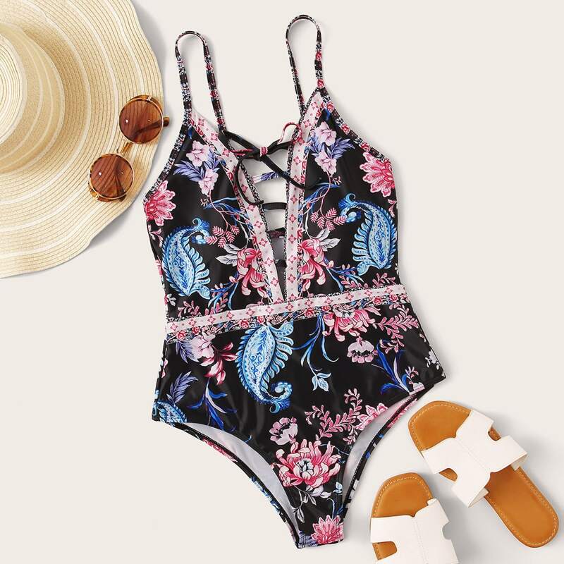 

Ladder Cutout Floral Print One Piece Swimsuit, Multicolor