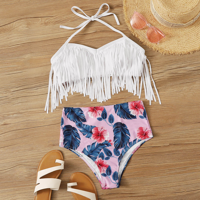 

Fringe Trim Top With Floral Print Bikini Set, Multicolor