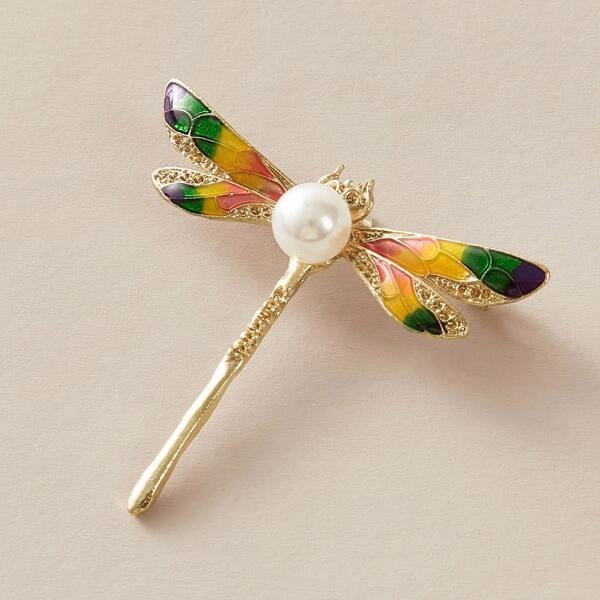 

1pc Faux Pearl Decor Dragonfly Shaped Brooch, Multicolor