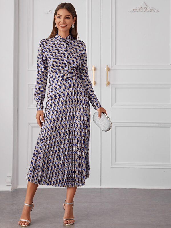

Allover Print Pleated Hem Shirt Dress, Multicolor, Debi