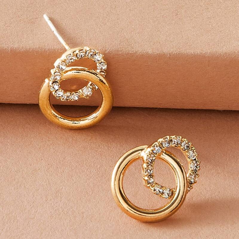 

1pair Rhinestone Engraved Link Stud Earrings, Gold