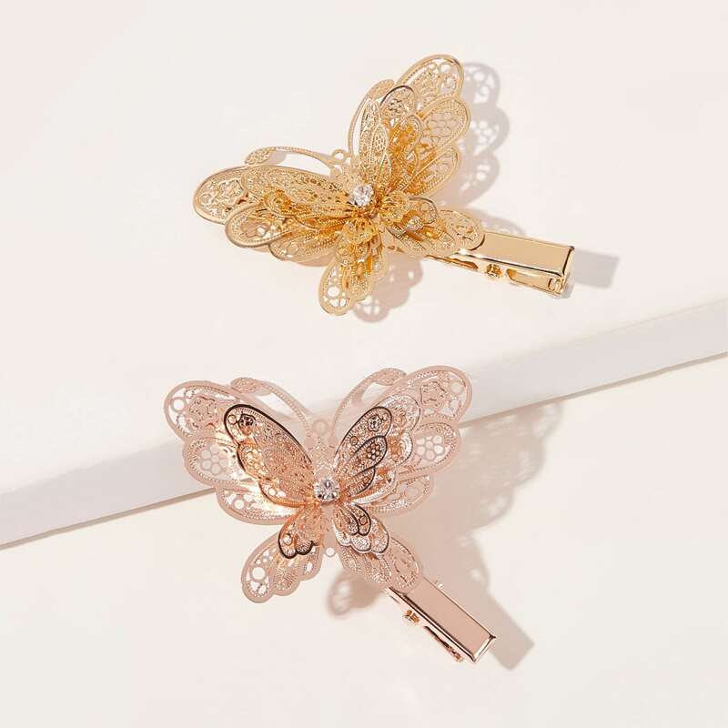 

2pcs Hollow Out Butterfly Hair Clips, Gold
