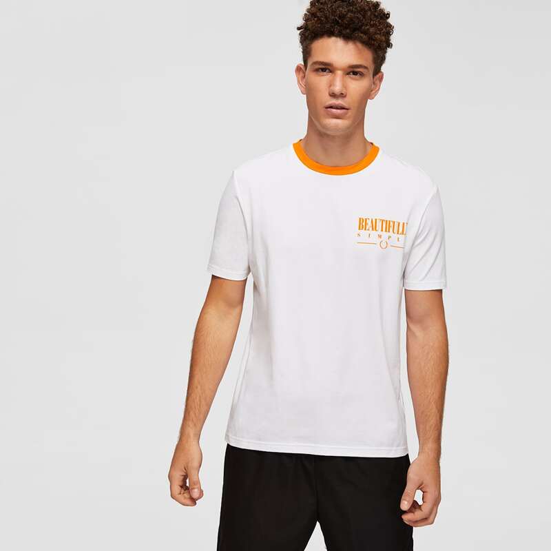 

Guys Contrast Neck Letter Graphic Tee, White