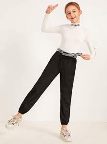 SHEIN Pantalones viento de niñas con bolsillo oblicuo con cinturón con hebilla de cuadros - Negro - Ver 3
