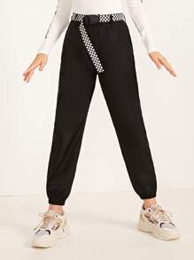 SHEIN Pantalones viento de niñas con bolsillo oblicuo con cinturón con hebilla de cuadros - Negro - Ver 4