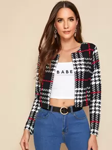 SHEIN LUNE Open Front Plaid Jacket - Black and White - View 1