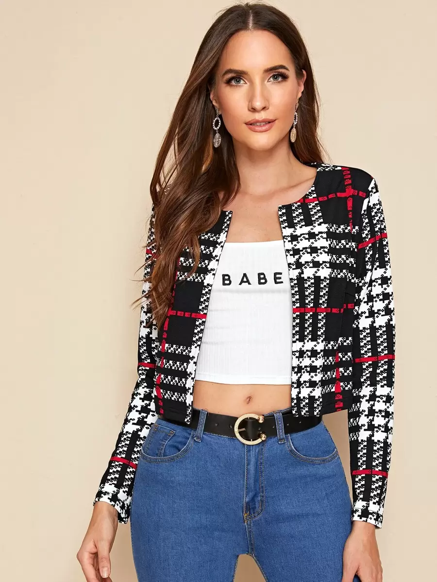 SHEIN LUNE Open Front Plaid Jacket - Black and White - View 1