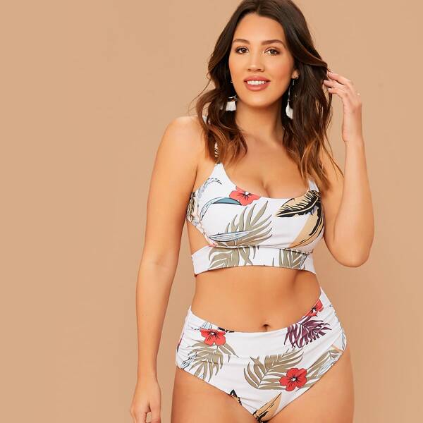 

Plus Palm Print Cut-out Top With High Waist Bikini, White