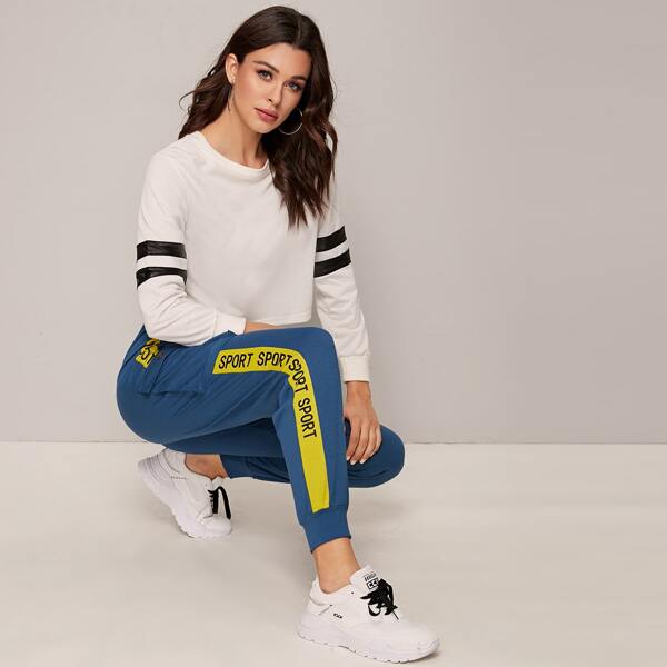 

Contrast Letter Sideseam Flap Pocket Sweatpants, Blue