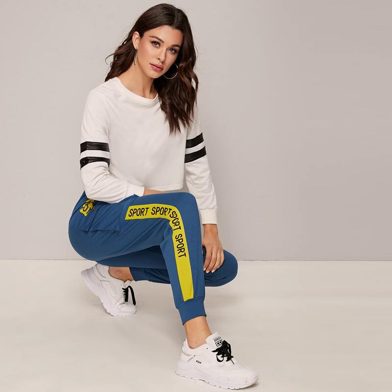 

Contrast Letter Sideseam Flap Pocket Sweatpants, Blue