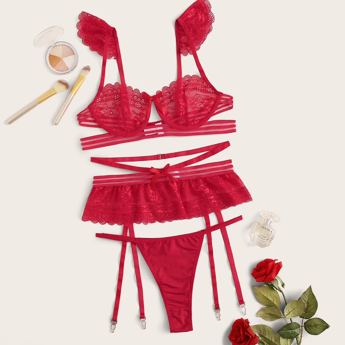 

Floral Lace Underwire Lingerie Set & Garter, Red