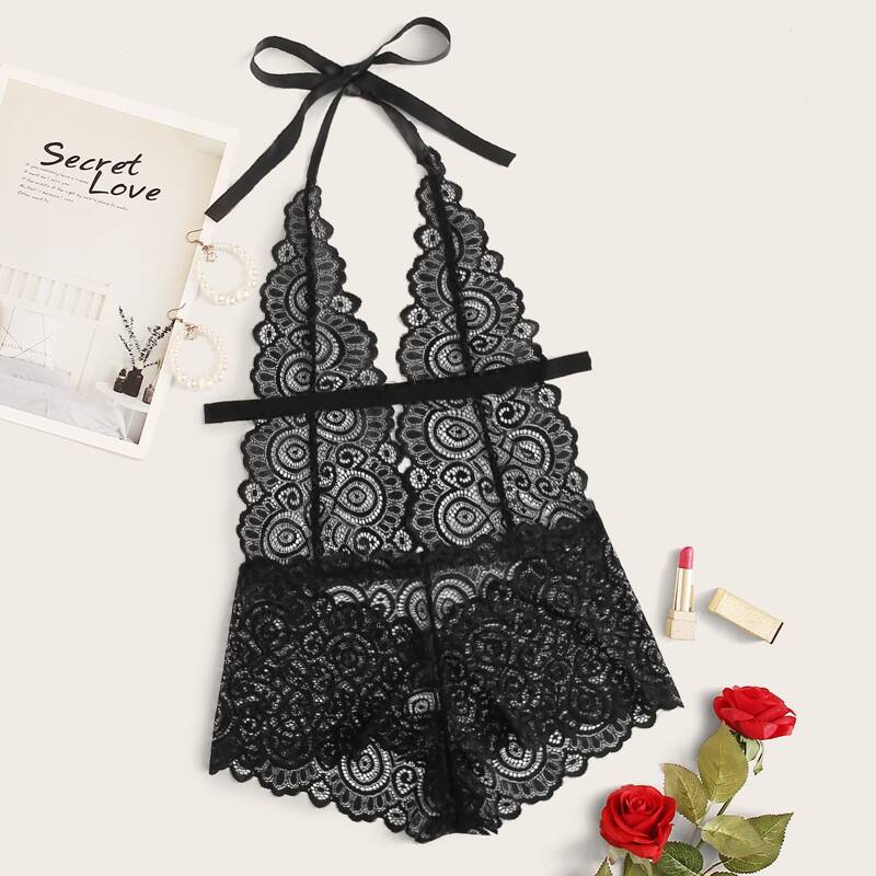 

Floral Lace Halter Teddy Bodysuit, Black