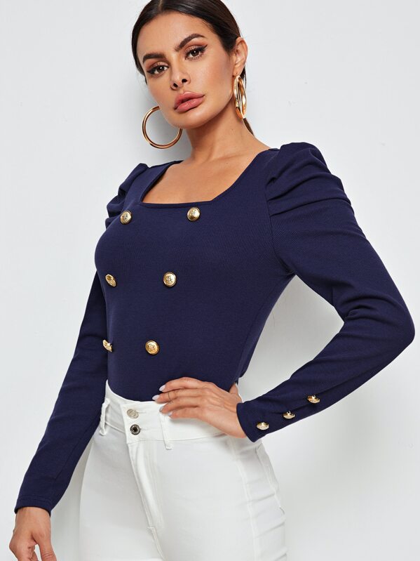 

Square Neck Button Detail Leg-of-mutton Sleeve Top, Navy, Andy