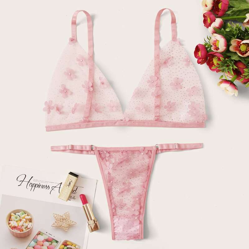 

Floral Appliques Sheer Mesh Lingerie Set, Pink