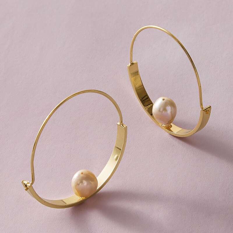 

1pair Pearl Decor Hoop Earrings, Gold