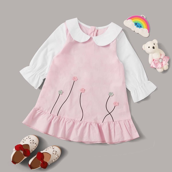 

Baby Girl Contrast Panel Appliques Babydoll Dress, Baby pink