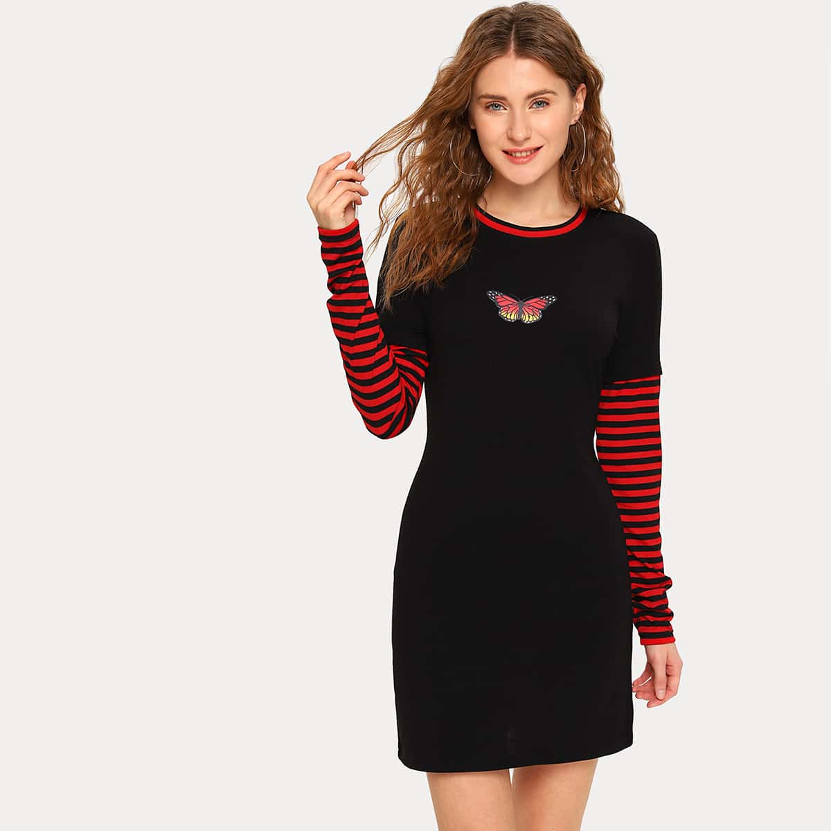 

2 In 1 Butterfly Print Fitted Dress, Black