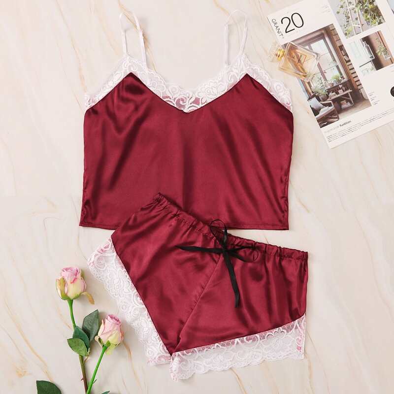 

Lace Trim Satin Lingerie Set, Burgundy