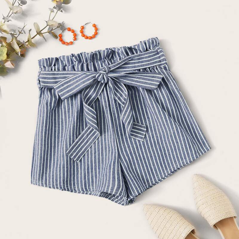 

Striped Belted Paperbag Waist Shorts, Blue