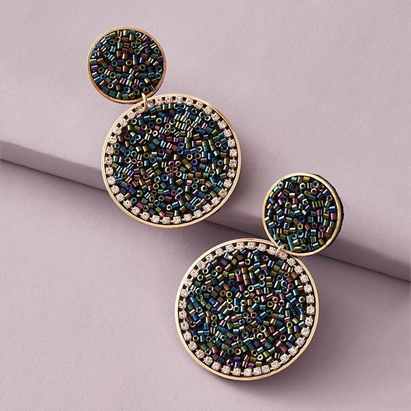 

1pair Double Round Drop Earrings, Multicolor