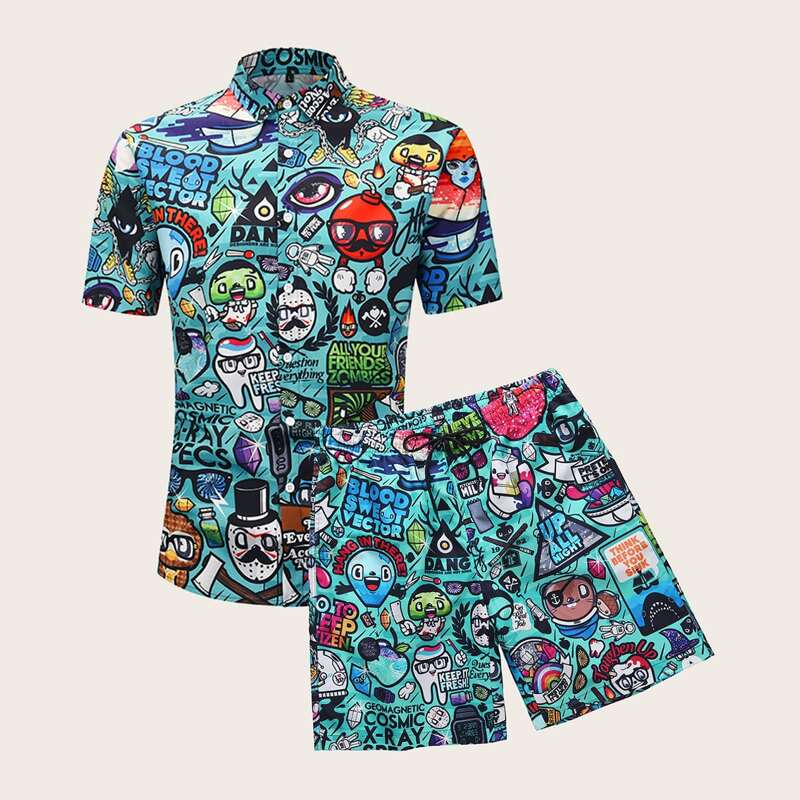 

Guys Graphic Print Shirt & Drawstring Shorts, Multicolor