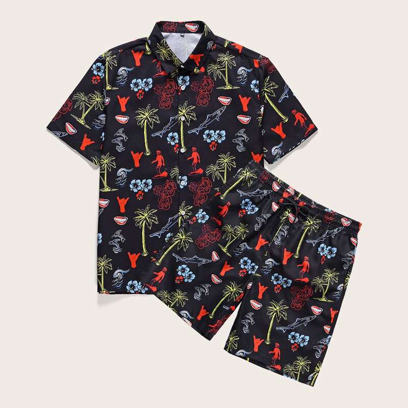 

Guys Graphic Print Shirt & Drawstring Shorts, Black