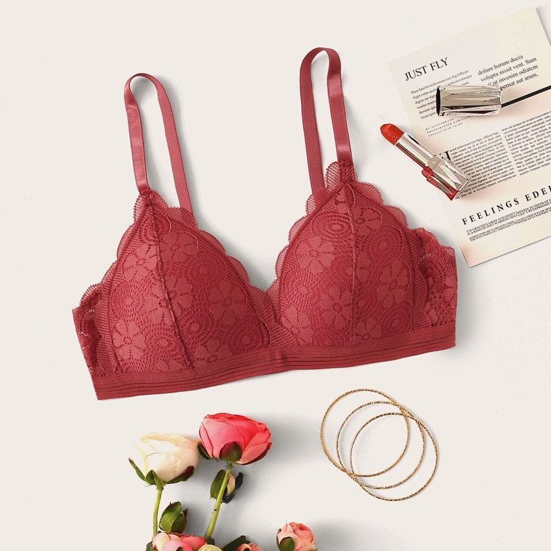 

Scallop Trim Floral Lace Bra, Red