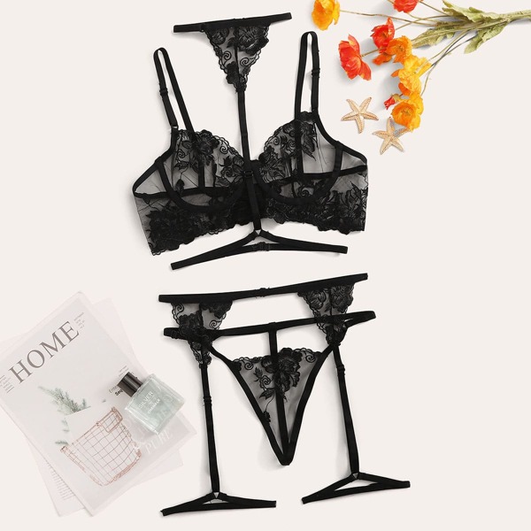 

Комплект сетчатого нижнего белья на косточках с цветочной вышивкой, подвязками и чокером, Чёрный