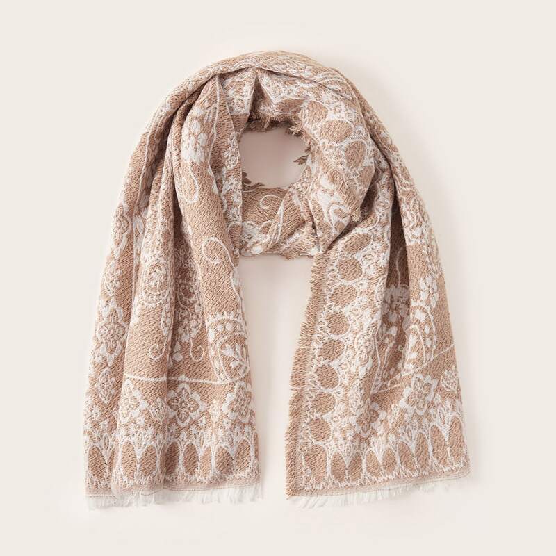 

Flower Pattern Raw Hem Scarf, Brown