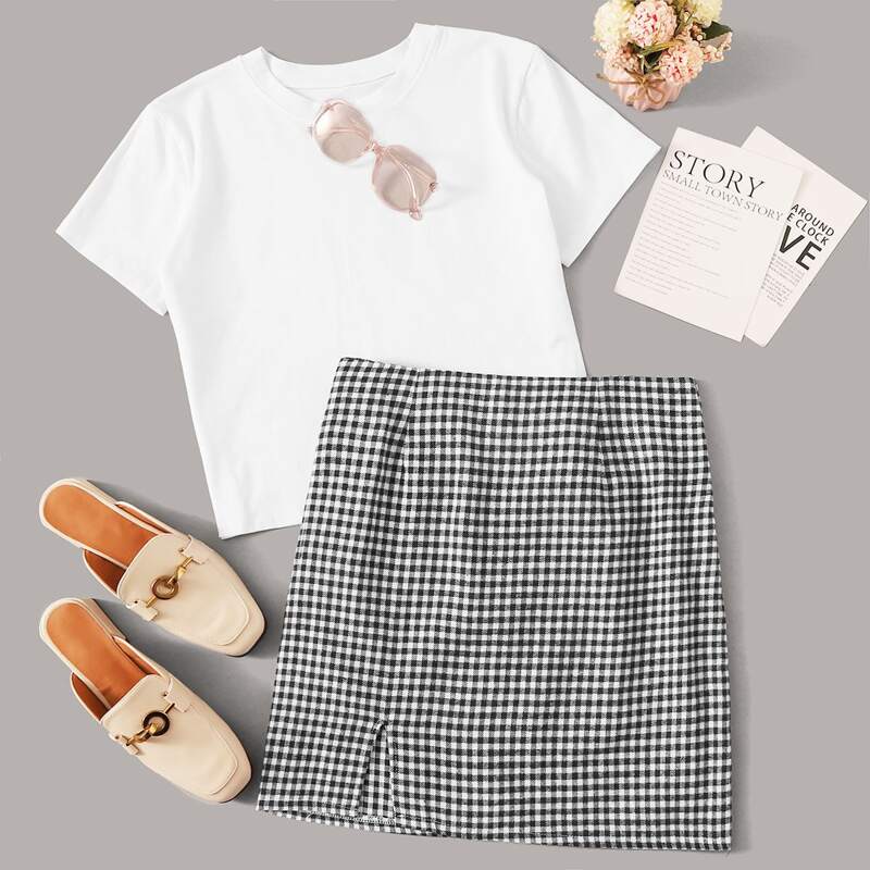

Solid Basic Tee & Gingham Skirt, Black and white