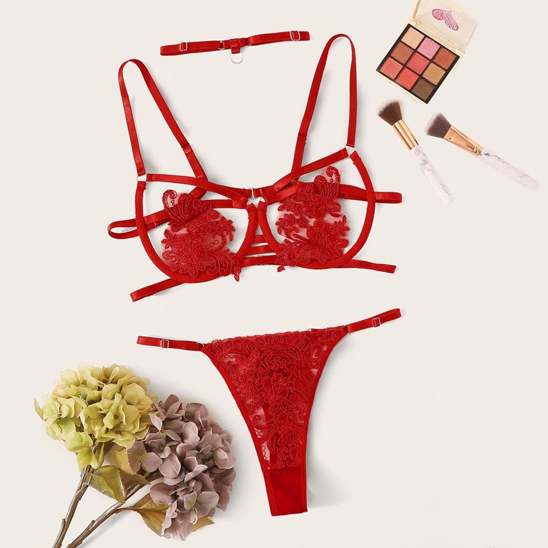 

Floral Appliques Underwire Lingerie Set & Choker, Burgundy