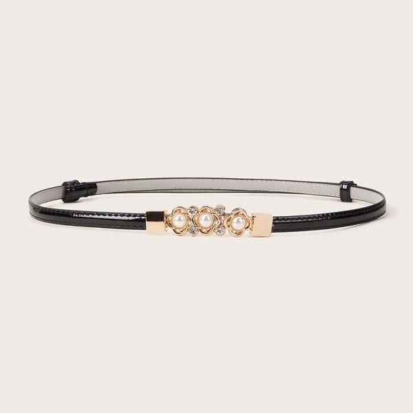 

Rhinestone Engraved Faux Pearl Metal Buckle Belt, Black